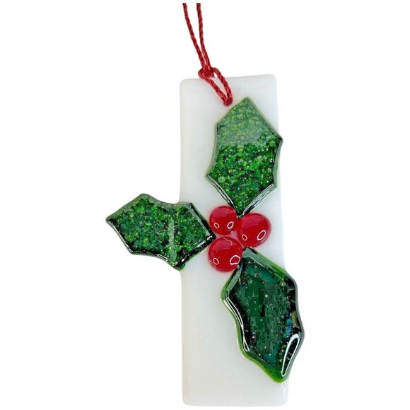 4 Fused Stained Glass Holly Berry Christmas Ornaments Set Red Green White - Picture 6 of 11